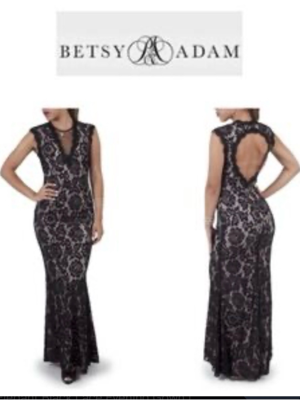 Betsy & Adam Black Floral Lace Backless Evening Gown